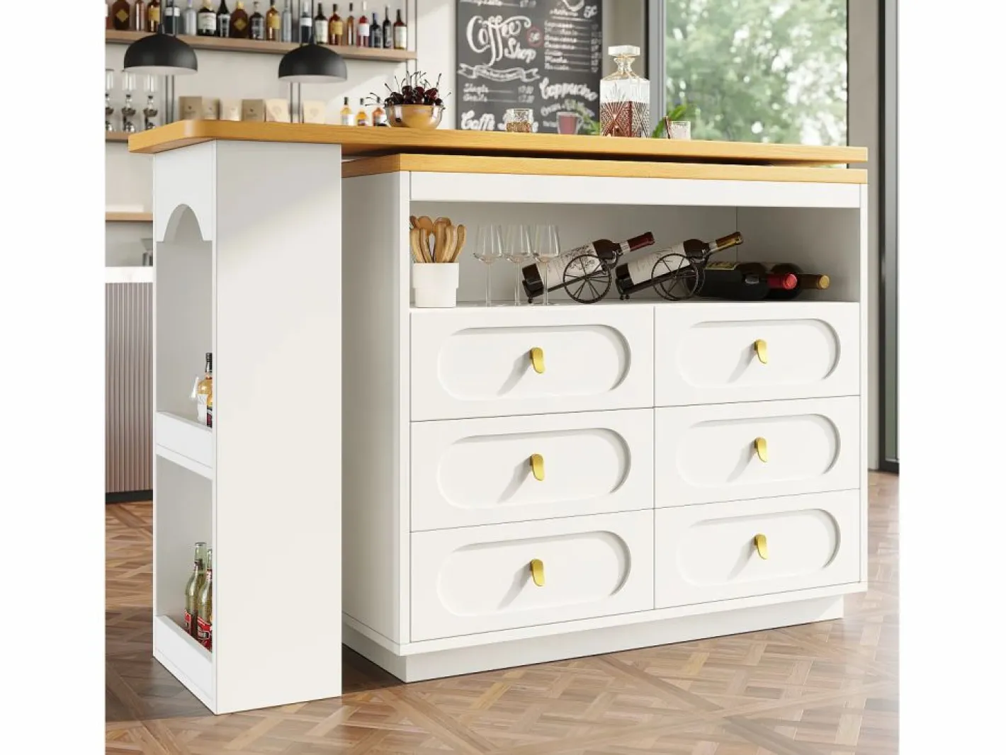 Mueble de bar de cocina extensible - y rotación 360° - 203x39x90 cm - 6 cajones - con estantes laterales -^ModernLuxe New