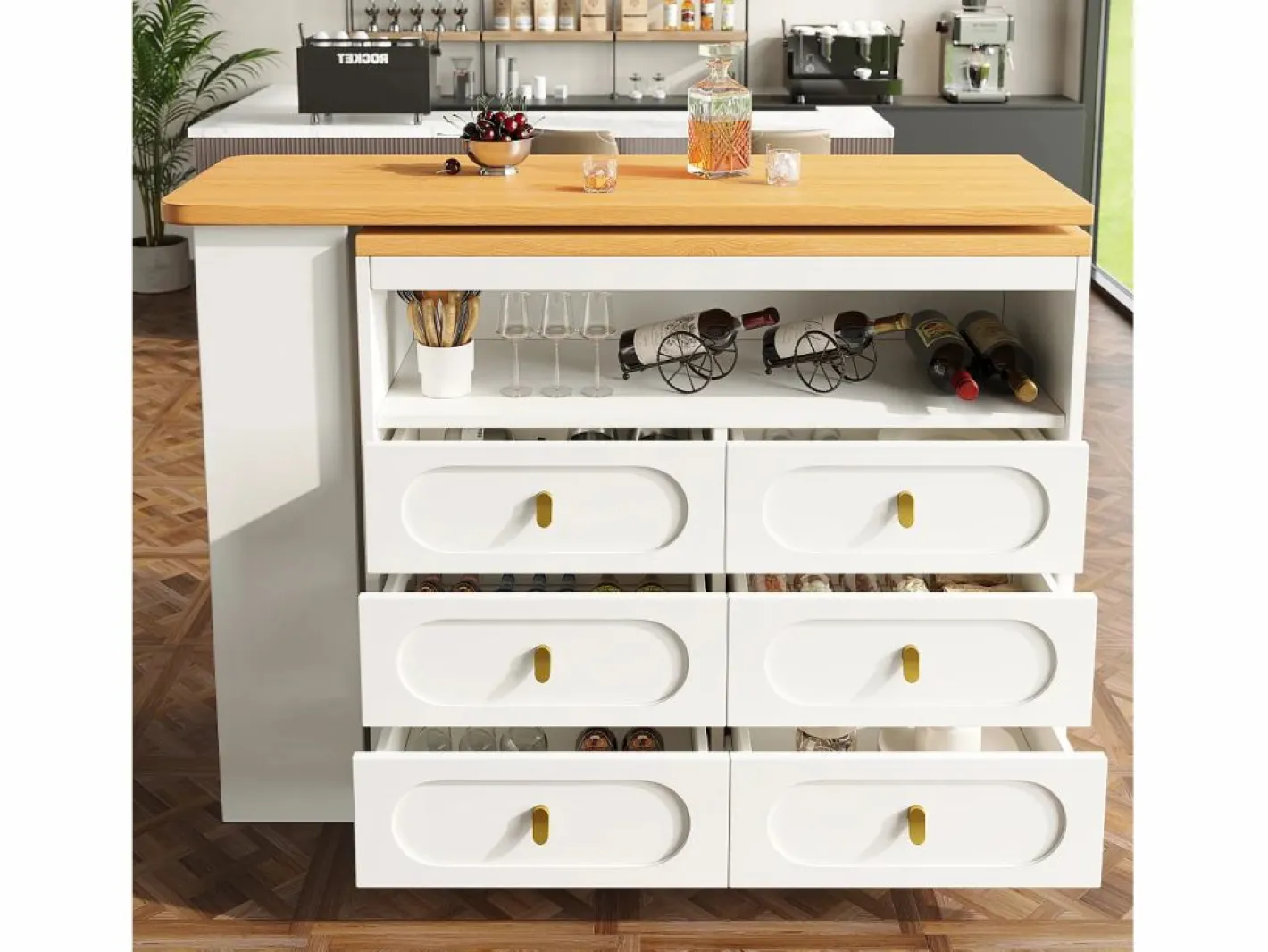 Mueble de bar de cocina extensible - y rotación 360° - 203x39x90 cm - 6 cajones - con estantes laterales -^ModernLuxe New