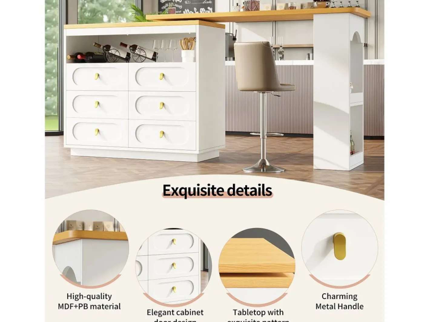 Mueble de bar de cocina extensible - y rotación 360° - 203x39x90 cm - 6 cajones - con estantes laterales -^ModernLuxe New