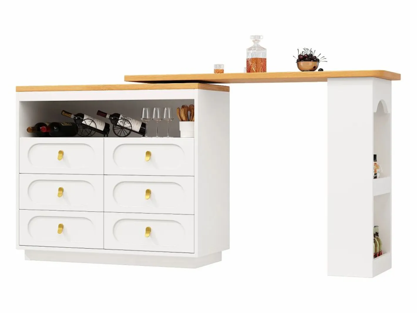 Mueble de bar de cocina extensible - y rotación 360° - 203x39x90 cm - 6 cajones - con estantes laterales -^ModernLuxe New