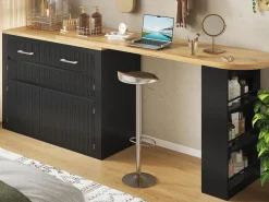 ModernLuxe Mueble de bar de cocina extensible - con rotación 360° - 215x39x103cm - 2 puertas, 2 cajones - con estantes laterales - Negro Hot