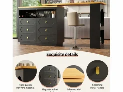 ModernLuxe Mueble Bar|Mueble de bar de cocina extensible - y rotación 360° - 203x39x90 cm - 6 cajones - con estantes laterales -