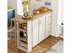 ModernLuxe Mueble de bar extensible - pivotante - 228x39x104cm - con 2 puertas y 3 cajones - con estantes laterales - Blanco New