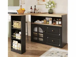 Mueble de bar giratorio 360° y plegable - con 2 cajones y 1 puerta - estantes abiertos - + natural^ModernLuxe Online