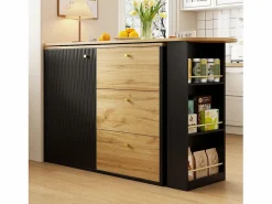 ModernLuxe Mueble Bar|Mueble de bar giratorio 360° y plegable - con 3 cajones y 1 puerta - estantes abiertos - + natural