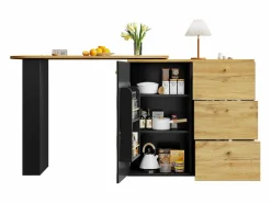 ModernLuxe Mueble Bar|Mueble de bar giratorio 360° y plegable - con 3 cajones y 1 puerta - estantes abiertos - + natural