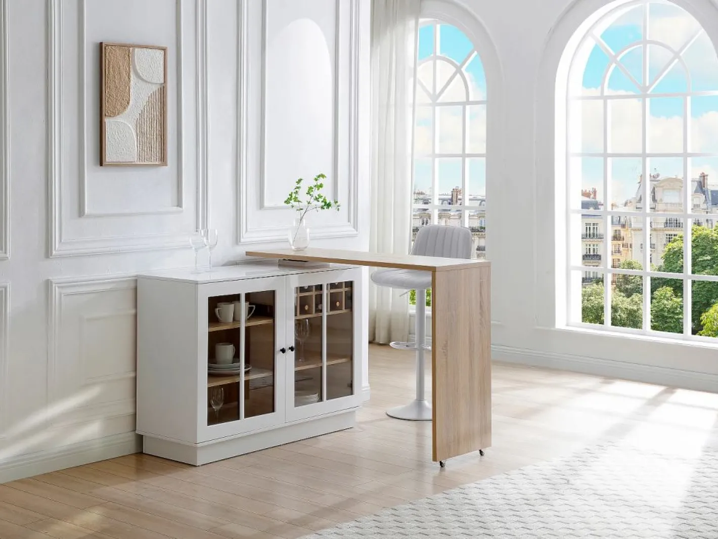 Vente-unique Mueble de bar giratorio con almacenamiento de MDF, vidrio templado - Blanco y natural - ARAMETA Color natural claro / Blanco New