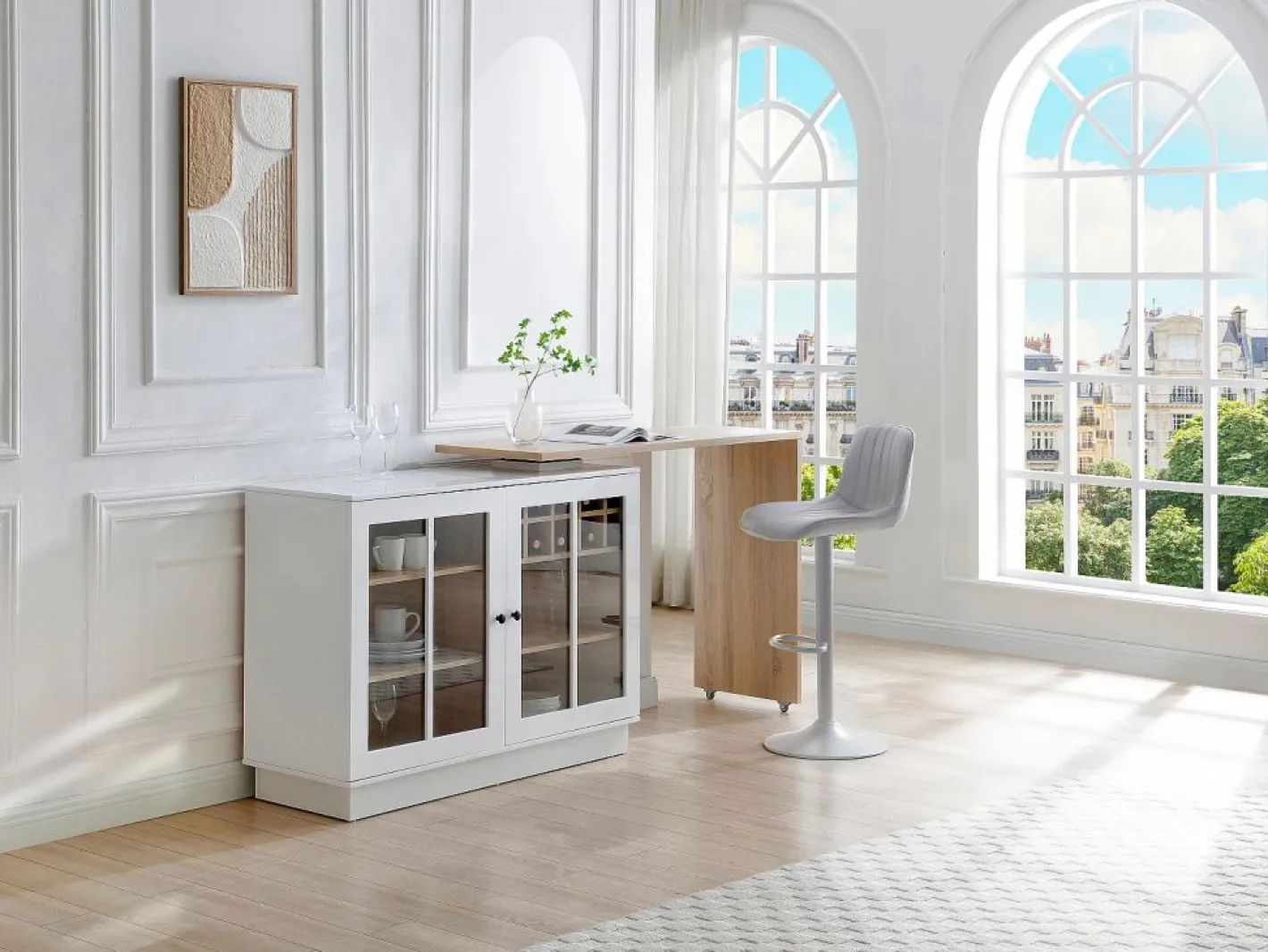 Vente-unique Mueble de bar giratorio con almacenamiento de MDF, vidrio templado - Blanco y natural - ARAMETA Color natural claro / Blanco New