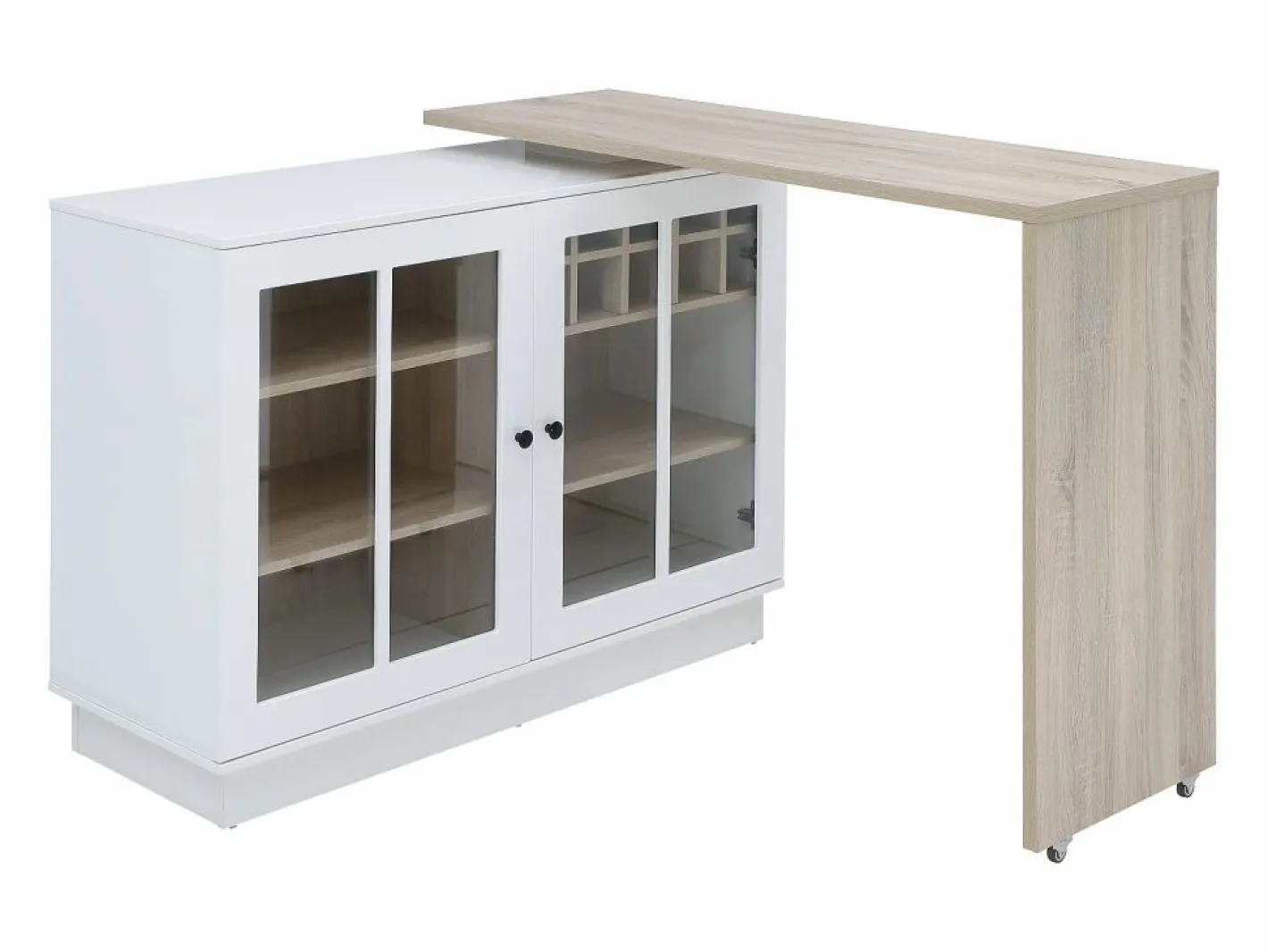 Vente-unique Mueble de bar giratorio con almacenamiento de MDF, vidrio templado - Blanco y natural - ARAMETA Color natural claro / Blanco New