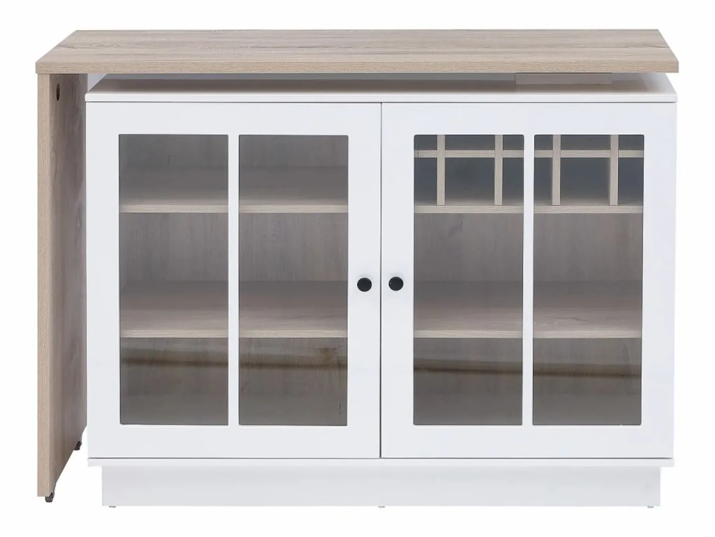 Vente-unique Mueble de bar giratorio con almacenamiento de MDF, vidrio templado - Blanco y natural - ARAMETA Color natural claro / Blanco New