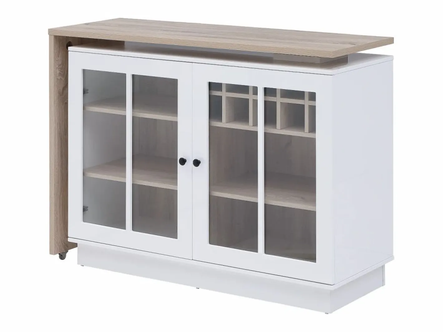 Vente-unique Mueble de bar giratorio con almacenamiento de MDF, vidrio templado - Blanco y natural - ARAMETA Color natural claro / Blanco New