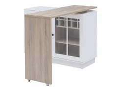 Vente-unique Mueble de bar giratorio con almacenamiento de MDF, vidrio templado - Blanco y natural - ARAMETA Color natural claro / Blanco New