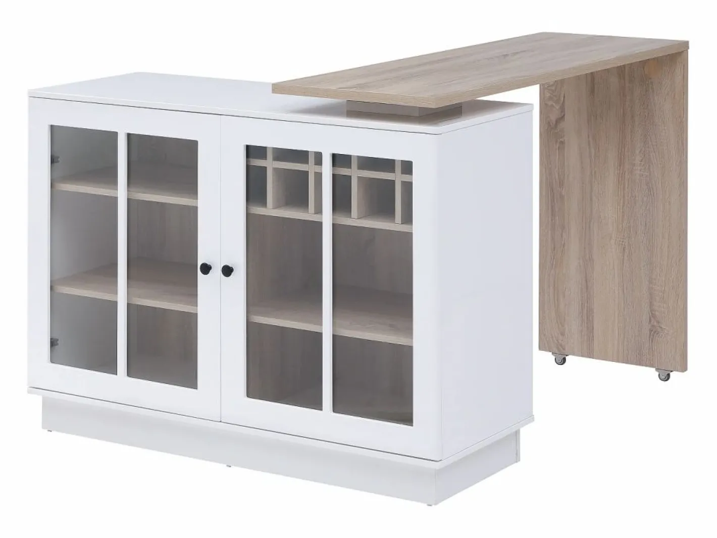 Vente-unique Mueble de bar giratorio con almacenamiento de MDF, vidrio templado - Blanco y natural - ARAMETA Color natural claro / Blanco New
