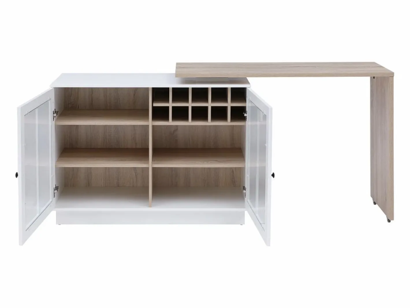 Vente-unique Mueble de bar giratorio con almacenamiento de MDF, vidrio templado - Blanco y natural - ARAMETA Color natural claro / Blanco New