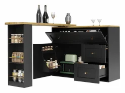 ModernLuxe Mueble Bar|Mueble de bar giratorio moderno 360° - 204×39×105 cm - 2 cajones y 2 puertas - con estantes laterales - mesa extensible -