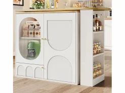 ModernLuxe Mueble de bar giratorio y abatible 360° - 204×39×105 cm - 3 puertas - estantes abiertos - Blanco Hot