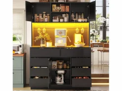 Mueble de cocina - 120x40x183 cm - 2 puertas y 8 cajones - portavasos de vino - con iluminación LED y toma de corriente -^ModernLuxe Clearance