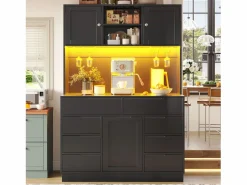 Mueble de cocina - 120x40x183 cm - 2 puertas y 8 cajones - portavasos de vino - con iluminación LED y toma de corriente -^ModernLuxe Clearance
