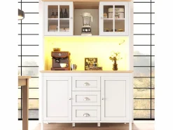 ModernLuxe Aparador De Cocina|Mueble de cocina - 120x40x179 cm - 4 puertas y 3 cajones - con iluminación LED -