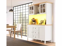 ModernLuxe Aparador De Cocina|Mueble de cocina - 120x40x179 cm - 4 puertas y 3 cajones - con iluminación LED -