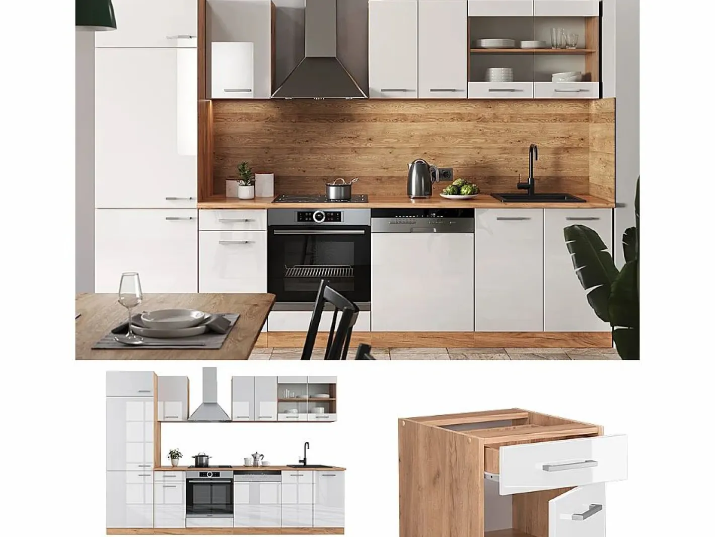Mueble de cocina blanco brillo intenso/roble dorado 300x60x81.6 r-line^Vicco Online
