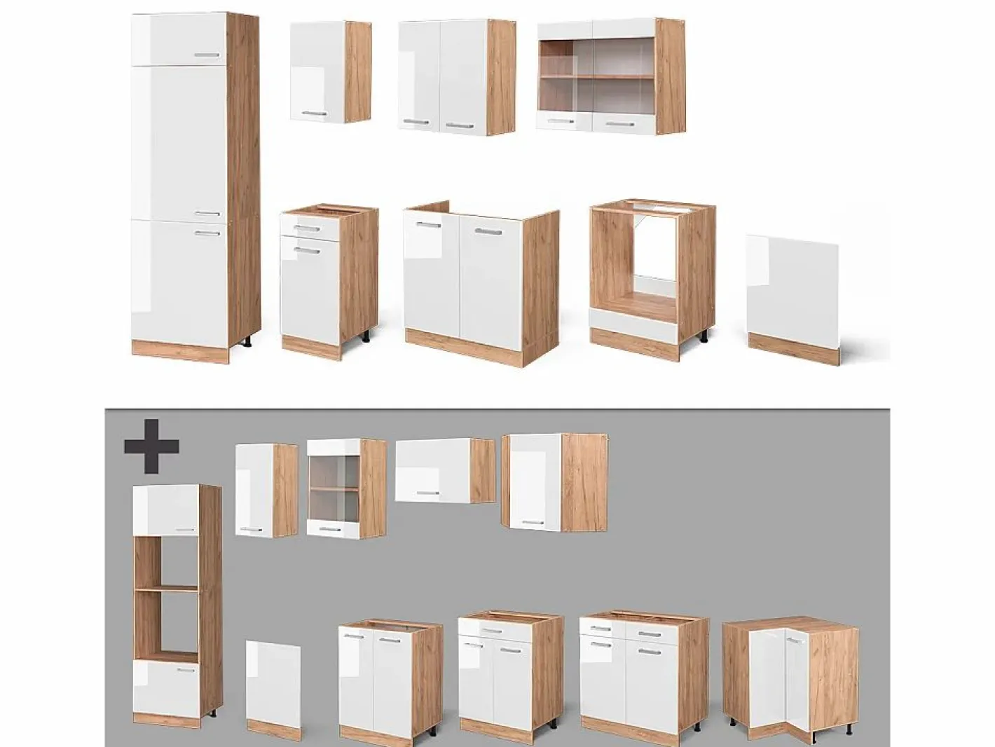 Mueble de cocina blanco brillo intenso/roble dorado 300x60x81.6 r-line^Vicco Online