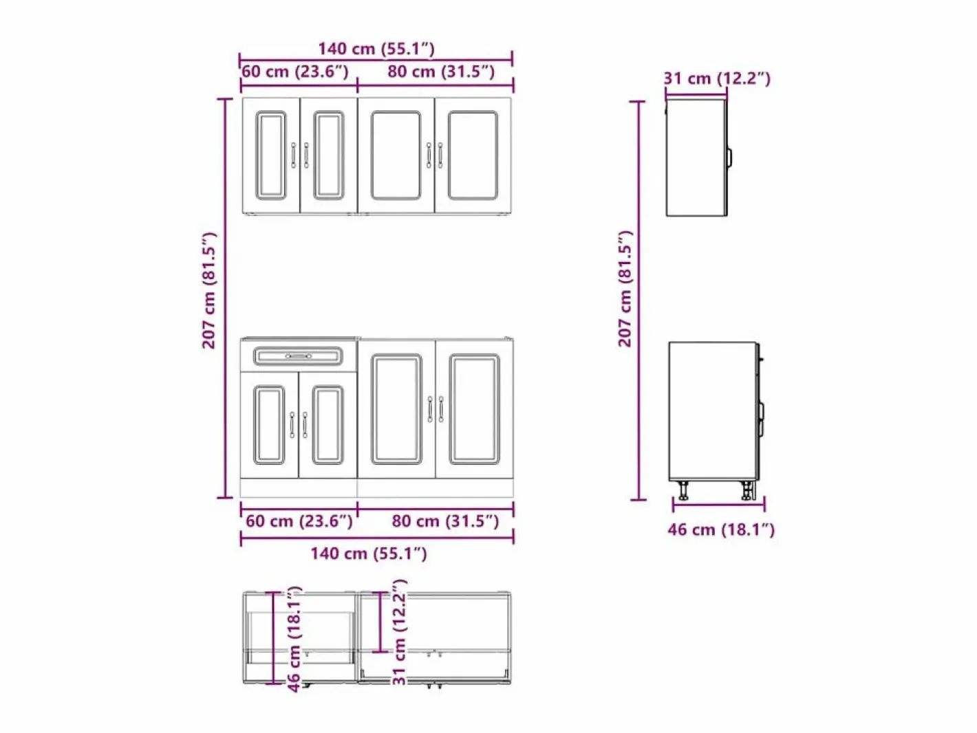 vidaxl Cocina Completa|Mueble de cocina Kalmar negra 4 piezas madera contrachapada