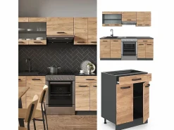 Vicco Cocina Completa|Mueble de cocina oro power roble/antracita 200x60x81.6 r-line