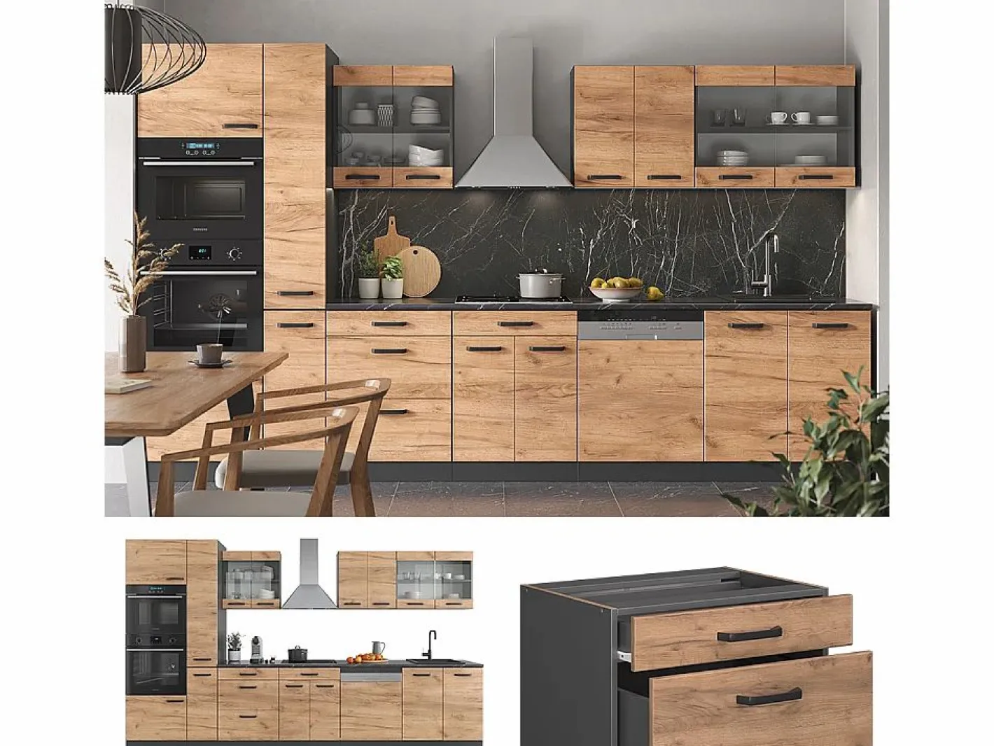 Vicco Mueble de cocina oro power roble/antracita 350x46x81.6 r-line Color natural oscuro Hot