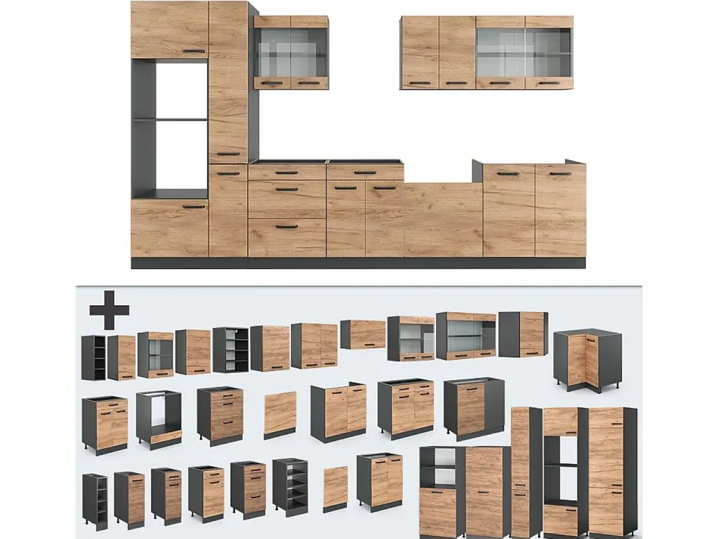 Vicco Mueble de cocina oro power roble/antracita 350x46x81.6 r-line Color natural oscuro Hot