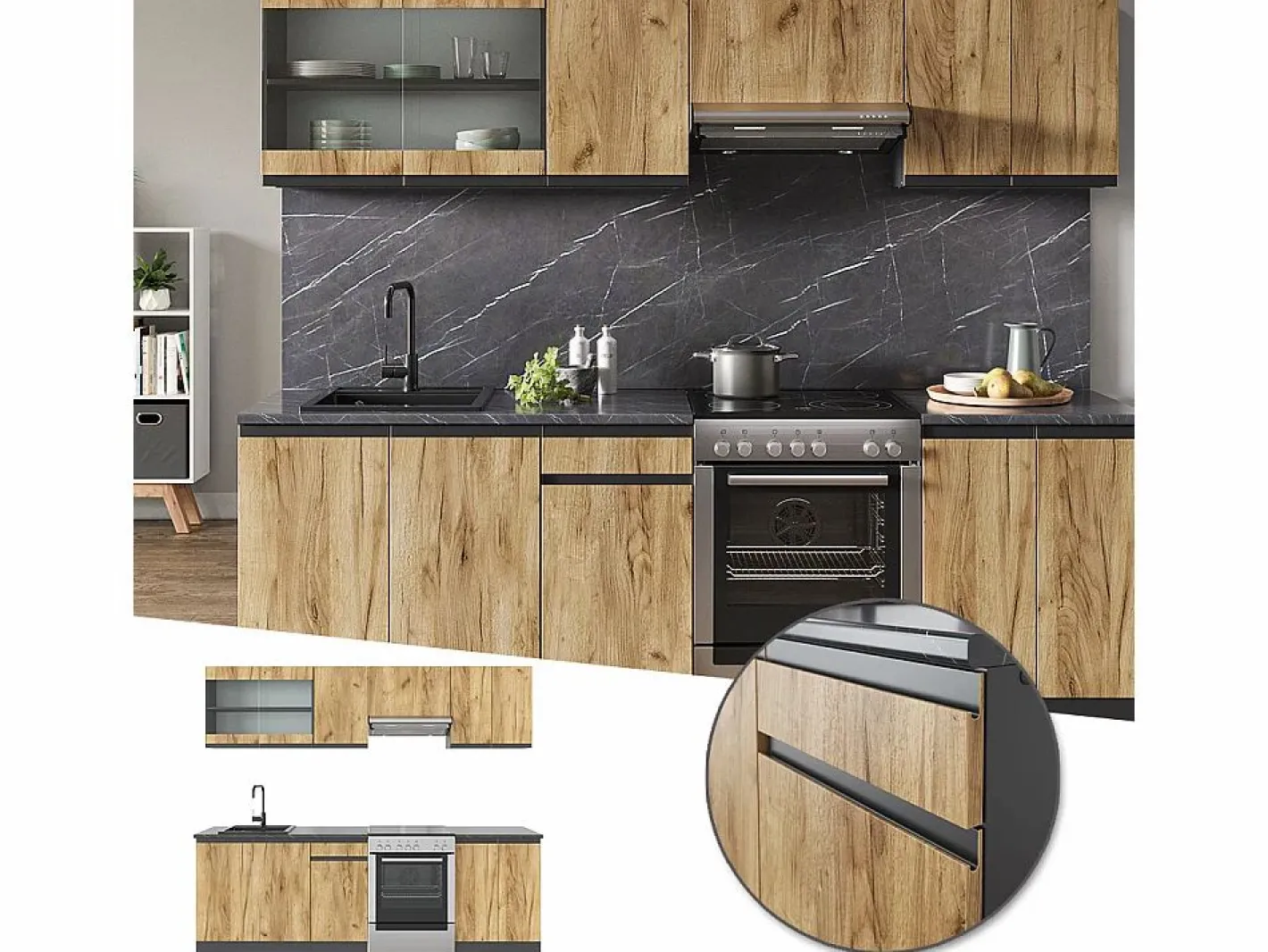 Mueble de cocina oro power roble/antracita 240x46x81.6 raul^Vicco Best