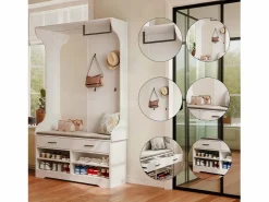 Mueble de entrada con espejo, ganchos, barra y zapatero Blanco