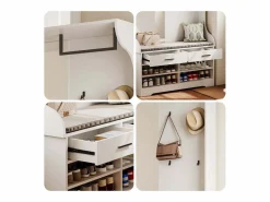 Mueble de entrada con espejo, ganchos, barra y zapatero Blanco