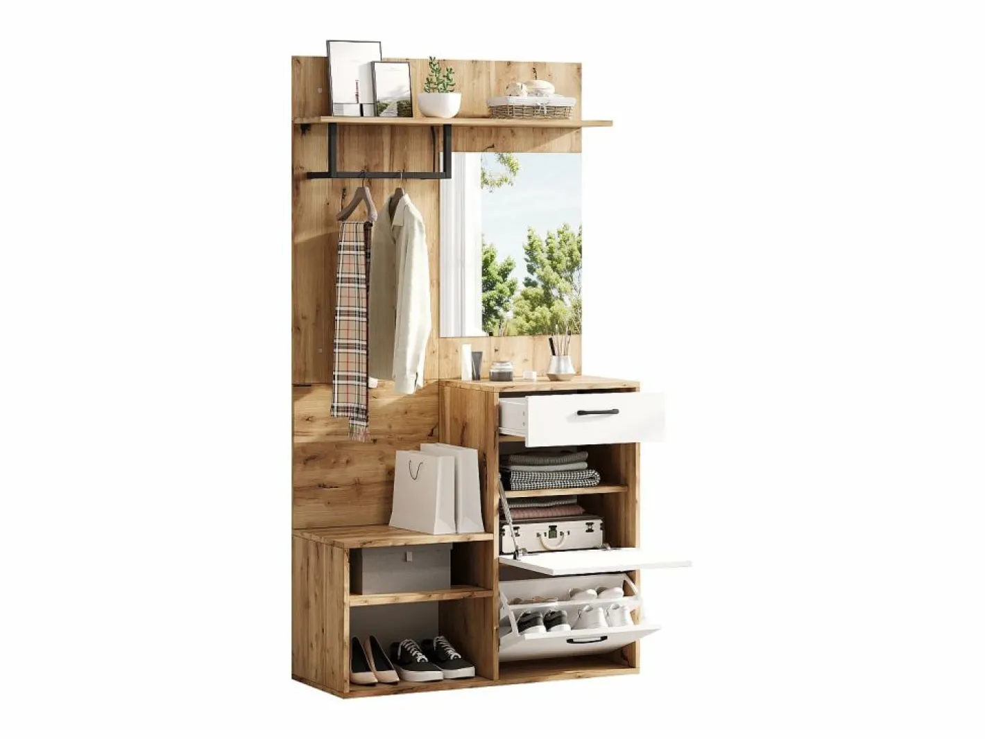 Mueble de entrada multifuncional con espejo, tablero de partículas, y madera natural (100x38,5x190cm) Blanco Hot