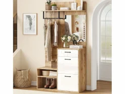 Mueble de entrada multifuncional con espejo, tablero de partículas, y madera natural (100x38,5x190cm) Blanco Hot