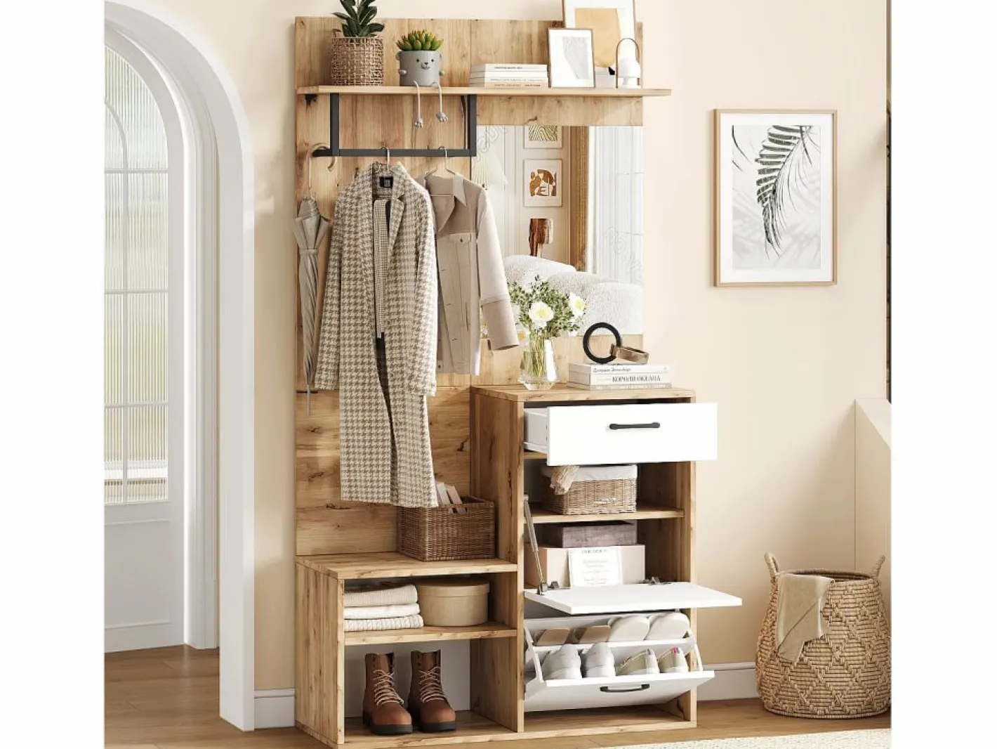Mueble de entrada multifuncional con espejo, tablero de partículas, y madera natural (100x38,5x190cm) Blanco Hot