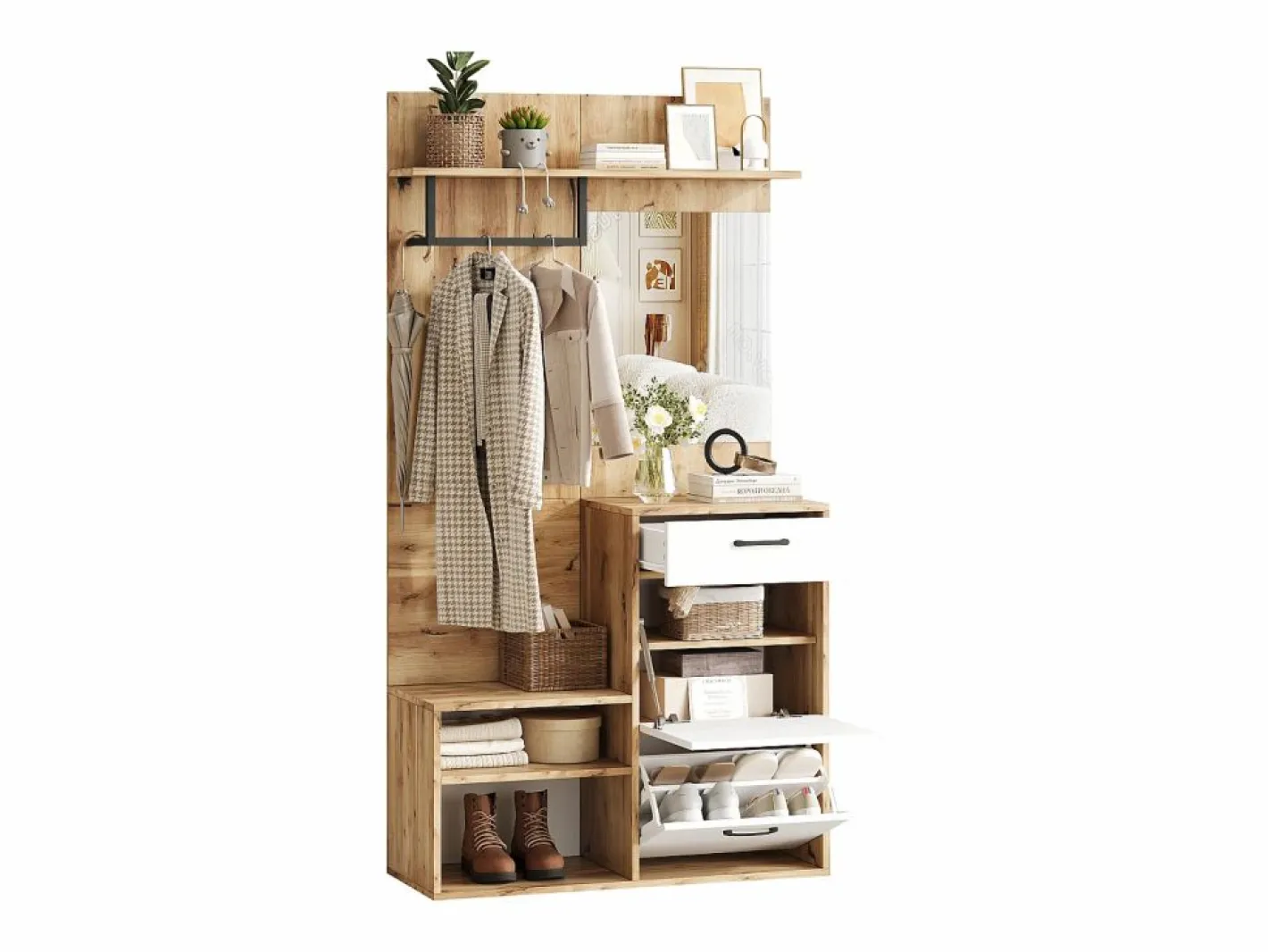 Mueble de entrada multifuncional con espejo, tablero de partículas, y madera natural (100x38,5x190cm) Blanco Hot