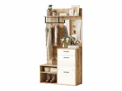 Mueble de entrada multifuncional con espejo, tablero de partículas, y madera natural (100x38,5x190cm) Blanco Hot