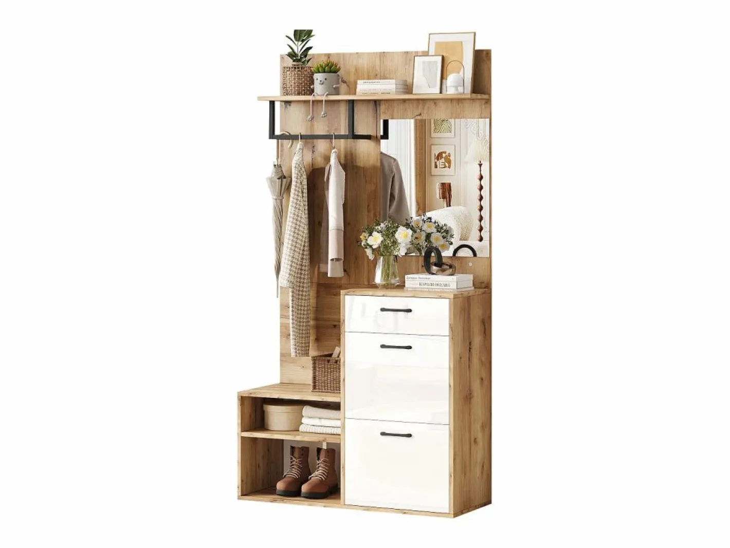 Mueble de entrada multifuncional con espejo, tablero de partículas, y madera natural (100x38,5x190cm) Blanco Hot