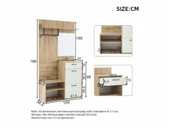 Mueble de entrada multifuncional con espejo, tablero de partículas, y madera natural (100x38,5x190cm) Blanco Hot