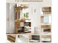 Mueble de entrada multifuncional con espejo, tablero de partículas, y madera natural (100x38,5x190cm) Blanco Hot