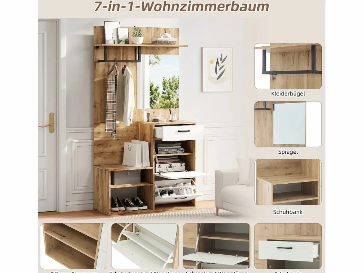 Mueble de entrada multifuncional con espejo, tablero de partículas, y madera natural (100x38,5x190cm) Blanco Hot