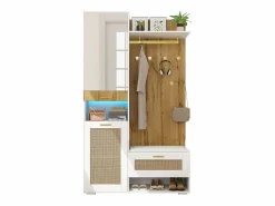 Mueble de entrada multifuncional con espejo, iluminación LED de 16 colores, MDF y tablero de partículas, y madera (110x38x190cm) Blanco