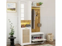 Mueble de entrada multifuncional con espejo, iluminación LED de 16 colores, MDF y tablero de partículas, y madera (110x38x190cm) Blanco