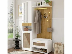 Mueble de entrada multifuncional con espejo, iluminación LED de 16 colores, MDF y tablero de partículas, y madera (110x38x190cm) Blanco