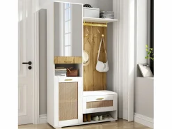 Mueble de entrada multifuncional con espejo, iluminación LED de 16 colores, MDF y tablero de partículas, y madera (110x38x190cm) Blanco