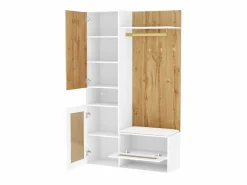 Mueble de entrada multifuncional con espejo, iluminación LED de 16 colores, MDF y tablero de partículas, y madera (110x38x190cm) Blanco