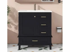 Merax Mueble De Baño Simple|Mueble de lavabo de pie de cerámica individual - 73 x 45,5 x 83,5 cm - con cajones y puertas - Cerámica y MDF - (Grifo no incluido)