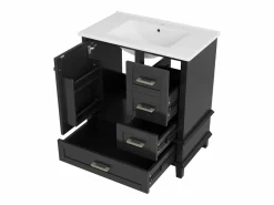Merax Mueble De Baño Simple|Mueble de lavabo de pie de cerámica individual - 73 x 45,5 x 83,5 cm - con cajones y puertas - Cerámica y MDF - (Grifo no incluido)