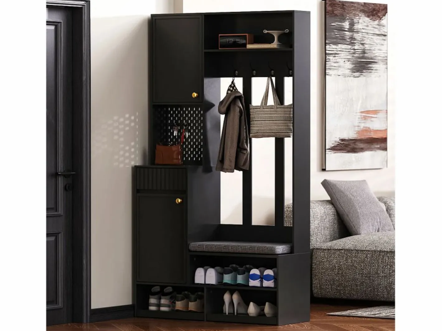 Mueble de recibidor con banco, perchero, estantes y cajones, 4 ganchos, 1 puerta, blanco, (100x35x180 cm)^ Sale